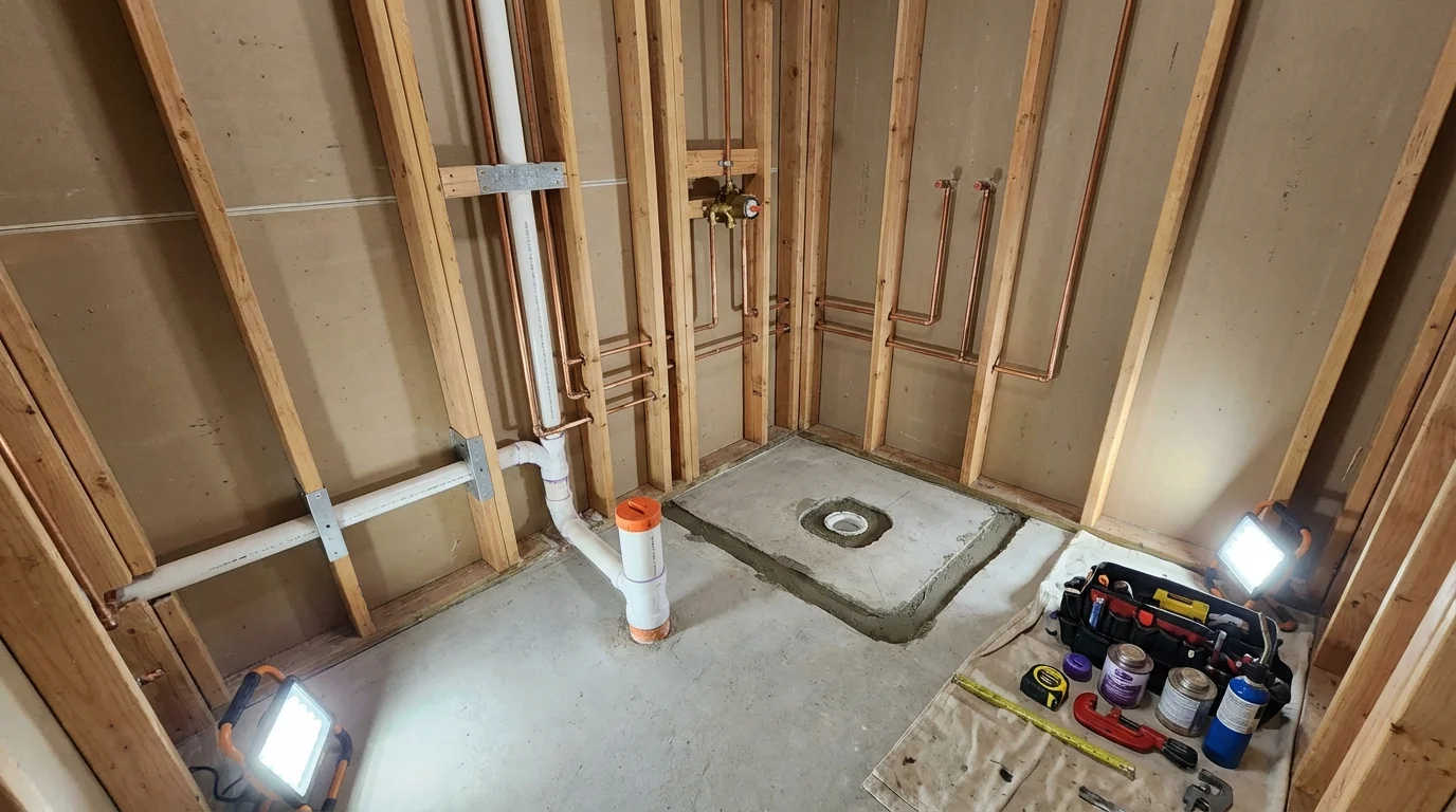 Bathroom rough-in plumbing during remodel by Johns Plumbing LLC in Stewartstown