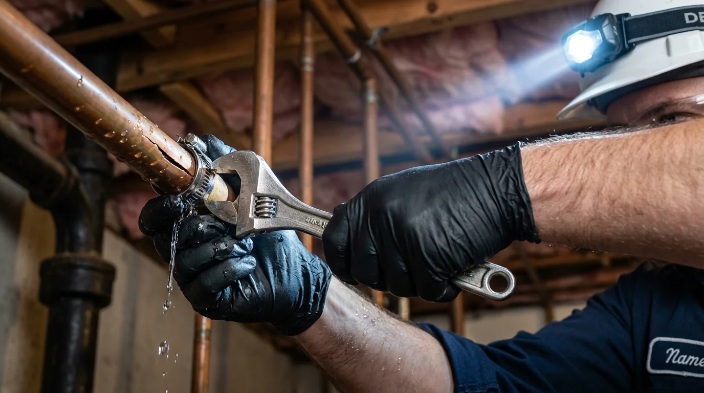 Emergency pipe clamp repair being performed by a Johns Plumbing LLC plumber in Stewartstown