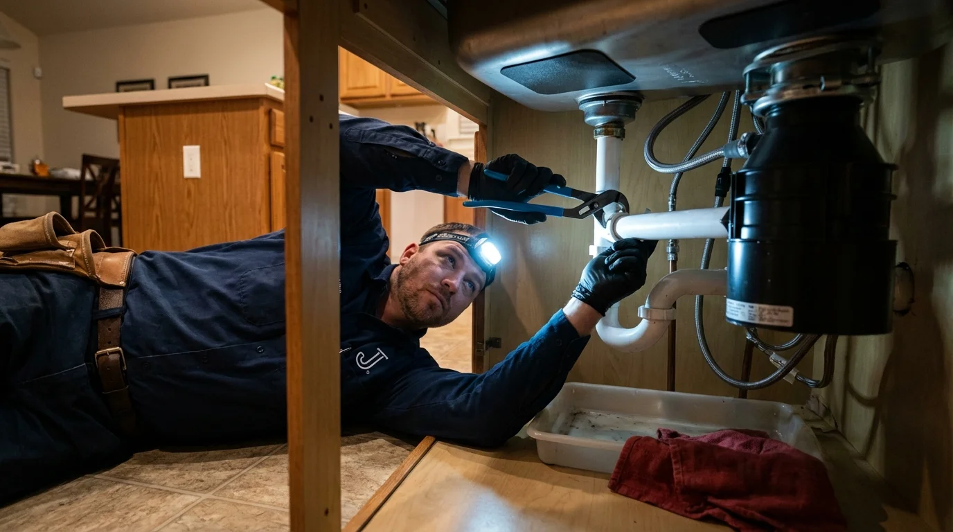 P-trap and supply line connections under a kitchen sink showing a common leak point in Stewartstown, PA